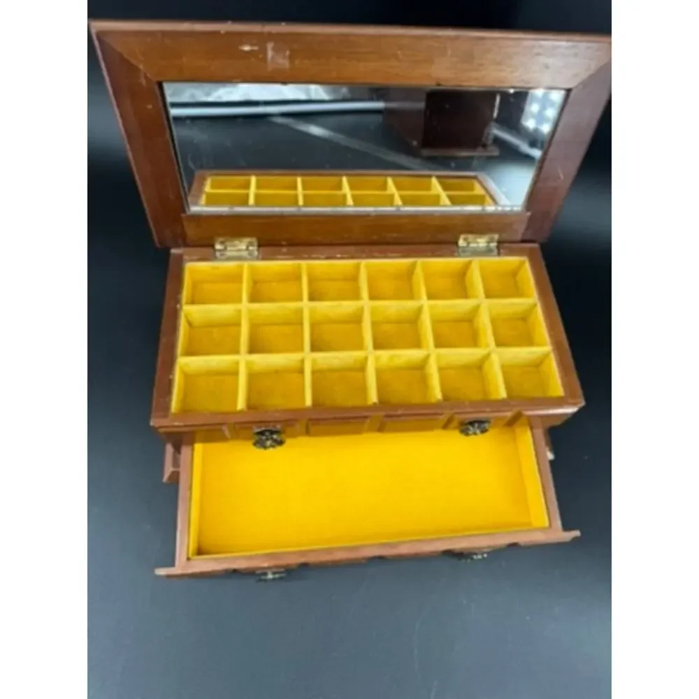 Vintage Price Imports Wood Jewelry Box Mirror Yellow Velvet Apothecary 1970s